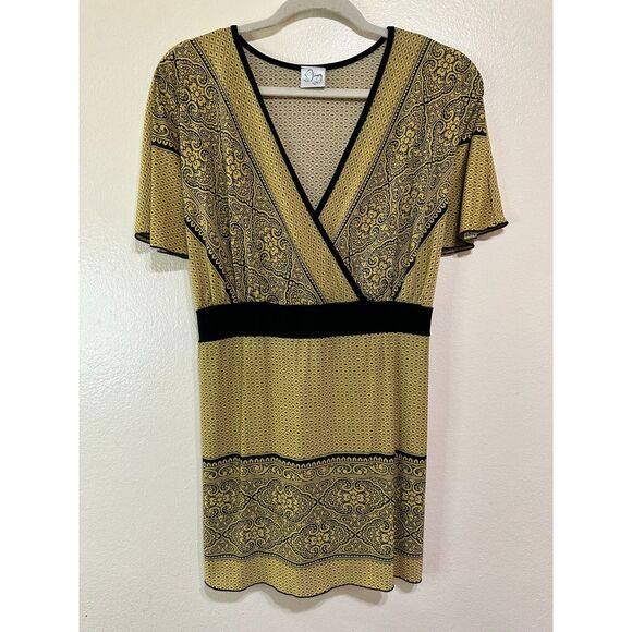 So! Women's BOHO Deep V-Neck Mini Dress SZ XL Back Tie Mandala Design Gold/Black - Picture 1 of 3